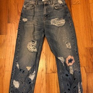Mango Embroidered Ripped Jeans